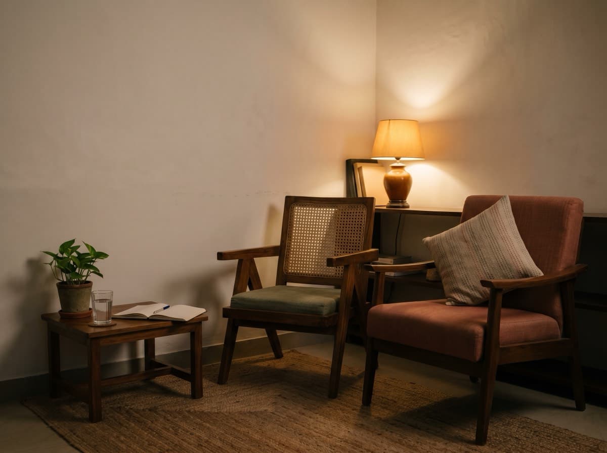 A lamp-lit Indian consulting corner — two chairs, a notebook, a plant